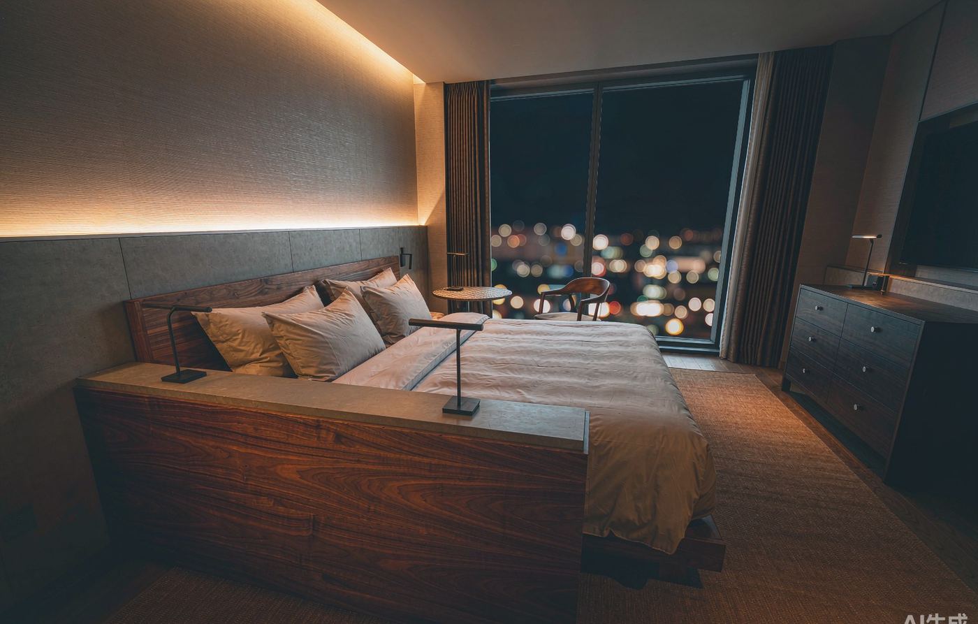 Hotel guest room with integrated linear lighting above the headboard