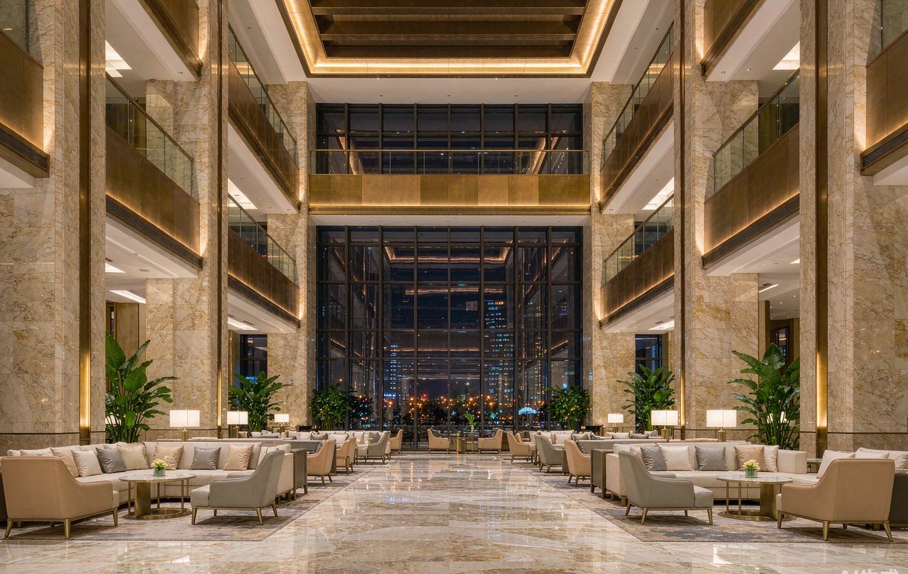 Hotel lobby with brass architectural lighting